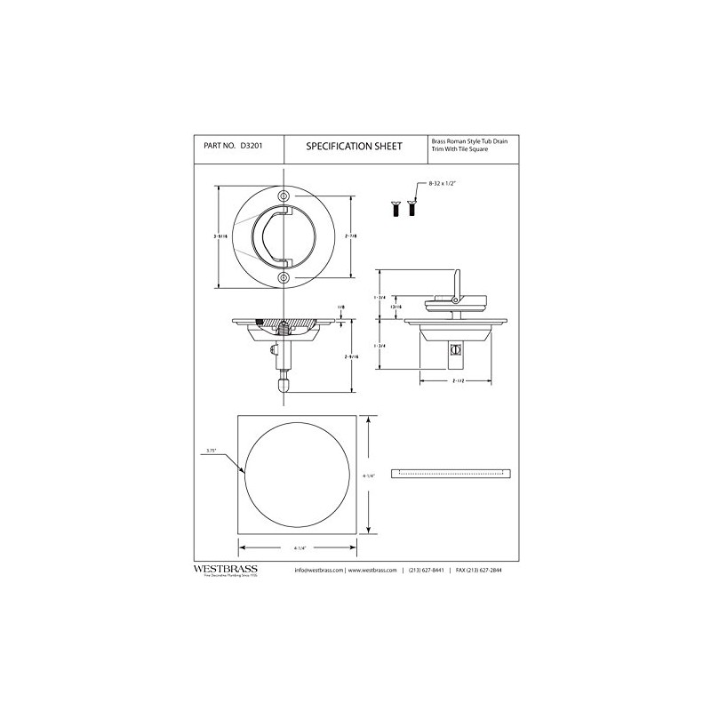 Westbrass D3201-03 Roman Tub Drain Trim with 4-1/4" OD Tile