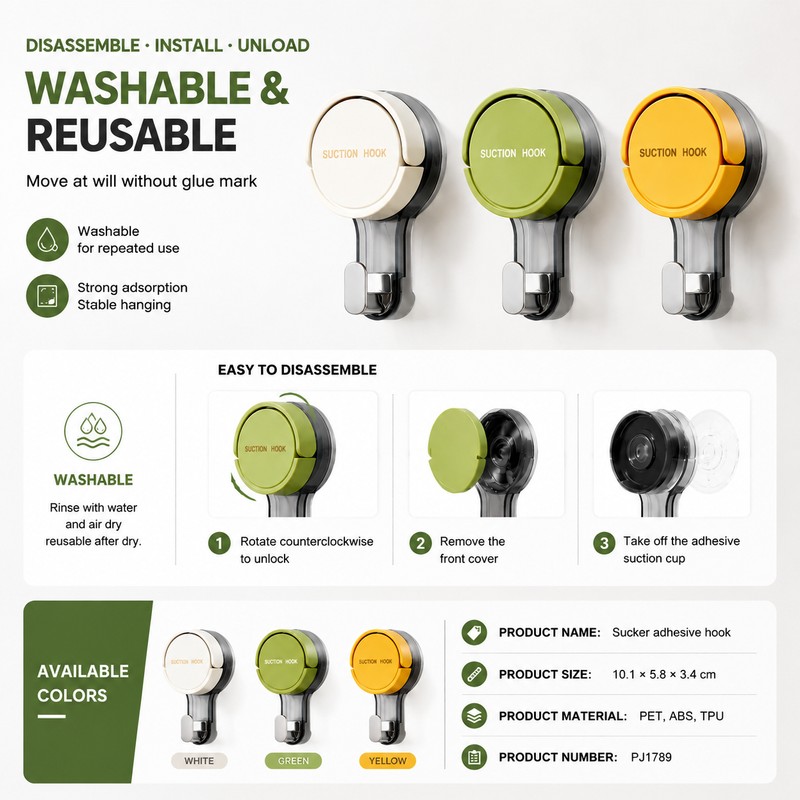 3 Pcs Suction Cup Hooks for Bathroom & Kitchen Storage