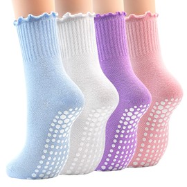 GRPSKCOS Non Slip Yoga Socks 4 Pairs Women Pilates Grip Socks for Yoga Barre Home Workout Hospital Size 5-8(#4 White+Pink+Purple+Blue, 5-8)