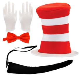 MFUOE 4Pieces Dr Seuss Accessory Set Bow Tie Red White Striped Tall Hat Gloves Tail World Book Day Fancy Dress for Kids Adults Party Cosplay