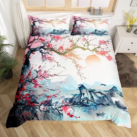 Feelyou Cherry Blossoms Bedding Set Full Size Kids Japanese Style Comforter Cover Set for Boys Girls Teens Fuji Mountain Decor Home Decor Duvet Cover Sakura Flower Bedspread Cover