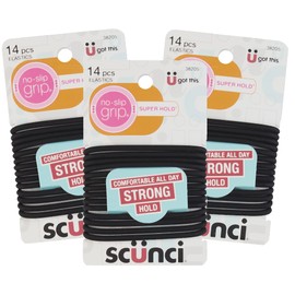 Scunci Black Gel Elastics, No-Slip Grip, Strong Hold-Ponytailers, 14 Pcs per Pack (3-Pack)