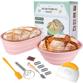 ZGYYLEAD Silicone Bread Proofing Baskets Set, Foldable 9 Inch Round and 10 Inch Oval Banneton Proofing Basket for Bread Baking (Pink), 12332