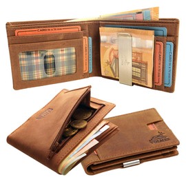 Fa.Volmer ® Genuine Leather Wallet with Money Clip / Dollar Clip and Coin Compartment - Includes RFID Protection - Brown or Black, brown, American