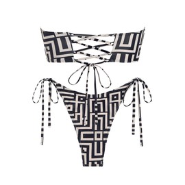 ZAFUL Women's Bandeau Bikini Shiny Metal Ring Decor Lace Up Tied Side High Cut Strapless Swimsuit