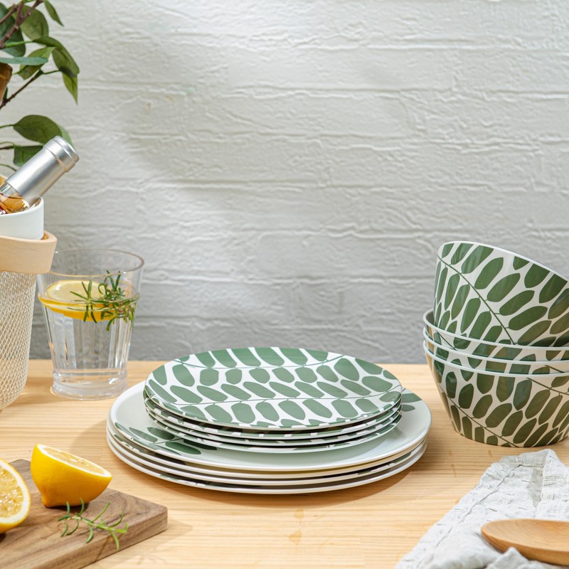 Bzyoo 12-Piece Melamine Dinnerware Set - Leaf | Lightweight, Durable,