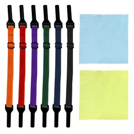 6 Glasses Bungee Cords with 2 Cleaning Cloths, Adjustable Glasses Straps, Non-Slip Ear Hook Glasses Straps Glasses Accessories for Men, Women, Kids (6 Colors), Orange, red, dark blue, purple, black,