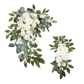 SUN DECORER Wedding Arch Flowers Set of 2 – White Rose & Eucalyptus Artificial Floral Swag for Ceremony Backdrop, Silk Flower Garland for Wedding Arbor, Archway, or Party Decor