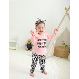 3Pcs Baby Girl Clothes Sorry Boys Daddy Says No Dating Long Sleeve Letter Tops Leopard Pants and Headband Outfit Set (3-6 Months)