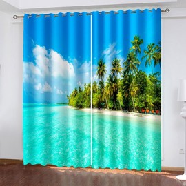 ANAZOZ Drapes for Living Room with Eyelets,2 x 40W x 54H IN,2Pack Window Drapes and Curtains Blackout Palm Beach Landscape Curtains Blue Green Bedroom