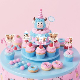 Sursurprise Highland Cow Gender Reveal Decorations, 24PCS Pink Blue Bull or Heifer Cupcake Toppers for Boy or Girl Holy Cow Highland Cattle Baby Shower Gender Reveal Party Supplies