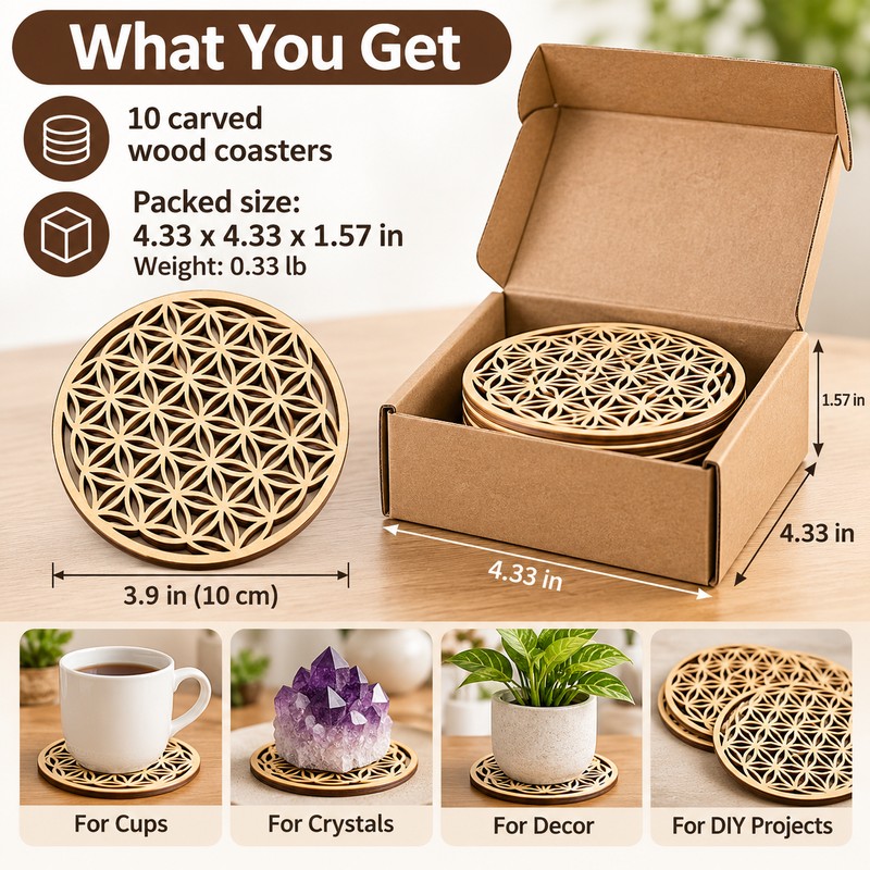 Flower of Life Wooden Coasters for Crystal Displays & Home