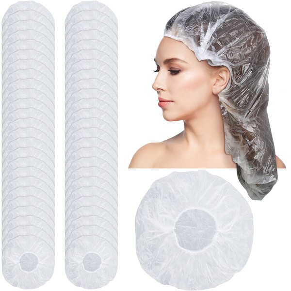 SATINIOR 50 Pieces Lengthen Disposable Shower Caps Waterproof Clear Elastic Bath Hair Caps for Women Big, Thick, Long Hair, Locs, Braids, for Portable Travel, Spa, Individually Wrapped