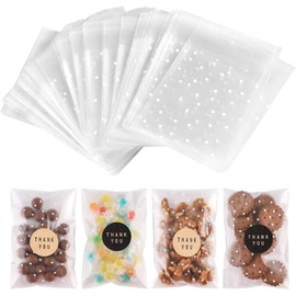 BTSD-home 200 Pack Self Seal Cellophane Bags with Stickers Clear Sweet Bags for Cookie Baking Small Gift Giving (White Polka Dot, 4x4 Inch)