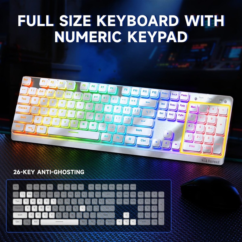 Free wolf M104 Wireless Gaming Keyboard with Numeric Keypad Tri-Mode(2.4Ghz/Wired/Bluetooth)