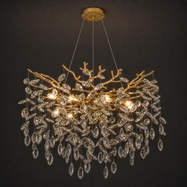 XYDikssn Modern Gold Crystal Tree Chandelier - 24 Inch 10-Light Round Ceiling Fixture with K9 Crystals for Dining Room, Foyer, Kitchen Island, Bedroom & Living Room, Easy Install