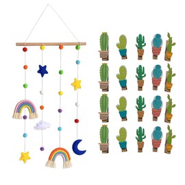 Qaoliffa Cute Rainbow Hanging Photo Display Decor,Pictures Cards Holder with 20 Cactus Shaped Wooden Clip,Wall Art for Christmas Children's Room Living Room Bedroom Dorm Decor
