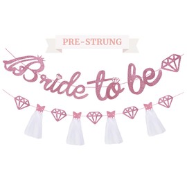 Bride to Be Banner - Pre-Strung Bridal Shower Decorations Set with Rose Gold Bride to Be Sign for Bridal Shower Banner, 3D Wedding Dress Diamond Garland - Cute Hen Bachelorette Party Decorations