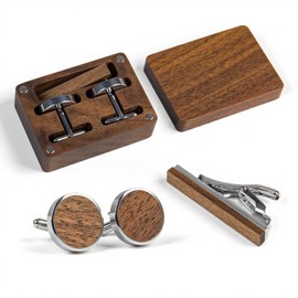 Wislist Walnut Cufflinks and Tie Clip Set with Wood Gift Box