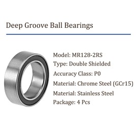 Kozelo Pack of 4 MR128-2RS Ball Bearings - [8 x 12 x 3.5 mm] Chrome Steel Double Sealed Deep Groove Ball Bearings for Machine Applications Industrial Equipment