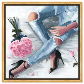 Oliver Gal Fashion and Glam Wall Art Framed Canvas Prints Outfits Romantic Jeans Pastel Home Décor, 24" x 24", Gold Floater