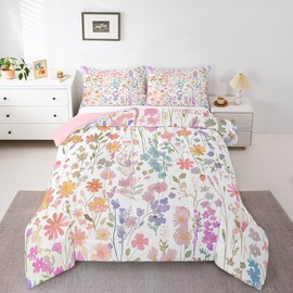 Erosebridal Cute Pink Floral Queen Bedding Set for Girls Kids Women,Colorful Boho Flower Comforter Set Farmhouse Home Decor,Watercolor Wildflower Quilt Bed Set Rustic Flowers Bed Comforter Set 3Pcs