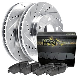 Hart Brakes Rear Brake Rotors Silver Drilled Slotted Ceramic Pads Compatible For 1999-2007 Ford E-350 Club Wagon, E-350 Econoline, E-350 Econoline Club Wagon, E-350 Super Duty, F-150, F-150 Heritage