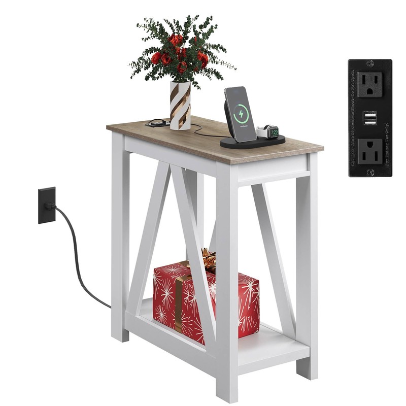 WLIVE Farmhouse End Table, Narrow Side Table with Charging Station,