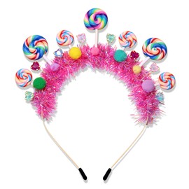 Candy Cane Headband Christmas Holiday Lollipop Headpiece Colorful Pom Pom Pink Tinsel Xmas Birthday Party Accessories Candyland Costume Gift for Women Girls