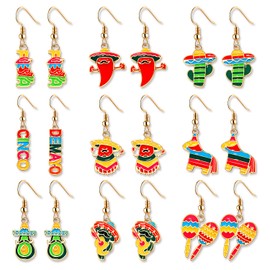 NVENF 9/12 Pairs Cinco De Mayo Earrings Mexican Fiesta Earrings for Women Cute Sombrero Avocado Pinata Chili Cactus Dangle Earrings Set Mexican Holiday Jewelry Gifts, Zinc, No Gemstone