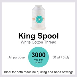 Missouri Star Cotton Sewing Thread - 3000yd Large Spool Double Mercerized Cotton Thread 50wt - Heavy Duty All Purpose Quilting Thread, White