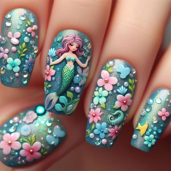 24Pcs Press on Nails Fish Gel on Nail Sweet Cool