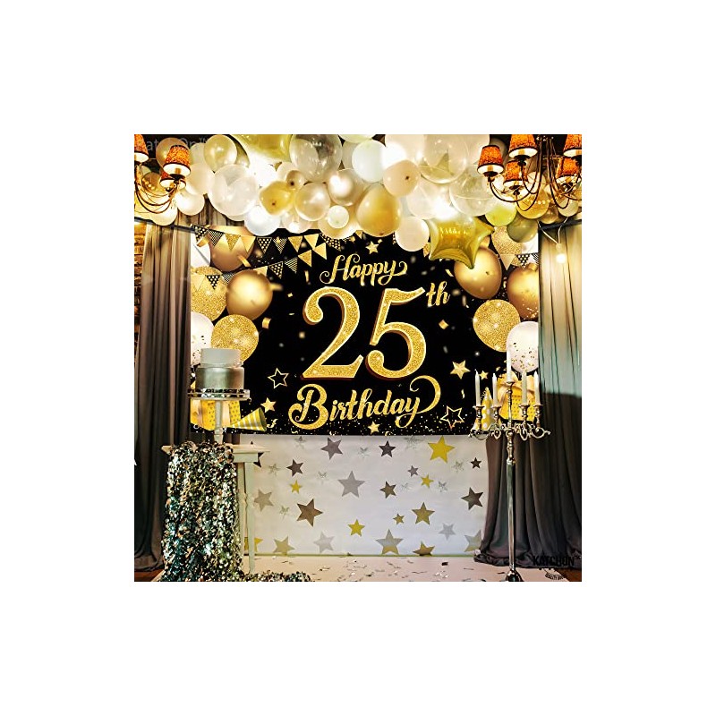 25th Happy Birthday Black Wall Banner,Glitter
