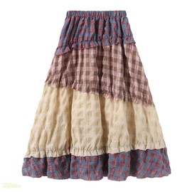 Patchwork Tiered Skirt Women's High Waisted Cotton Midi Skirt with Elastic Band, French Vintage Floral Print A-Line Dress (Picture Color,Large)