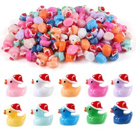 Christmas Ducks, 50Pcs Mini Resin Ducks, 10 Colors Tiny Plastic Ducks with Christmas Hat, Mini Resin Figures for Diy Craft, Aquarium Garden, Dollhouse, Garden Landscape Deracoration