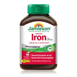 Jamieson Iron 28 mg, with Folic Acid, Vitamin B2, Vitamin B12, and Vitamin C, to Reduce Tiredness and Fatigue, with Enhanced Absorption, and Gentle on the Stomach. 90 Vegetarian Capsules