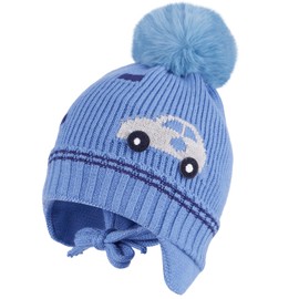 MK MATT KEELY Baby Boys Winter Knitted Hat 1-4 Years Toddlers Cartoon Car Warm Bobble Hats with Earflap,Blue