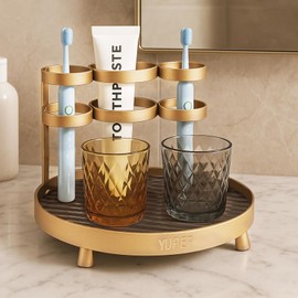 YUPER Bathroom Counter Organizer, Round Bathroom Organizers and Storage with Toothbrush Holder, Makeup Storage Vanity Tray Perfume Organizer, Bedroom Corner Counter Storage Sink Shelf Gold