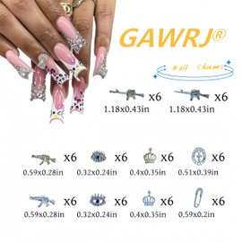 60PCS Junk Case Charms Kit with 10 Styles, Including Gold and Silver Gun Nail Charms, Crown Nail Charms, Pin Charms, Diamond Eyes Charms, 3D Gold Silver Y2K Nail Charms