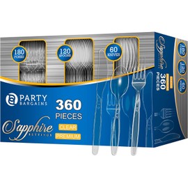 Party Bargains Disposable Cutlery set, SAPPHIRE Design, Clear Color, 360 Pieces: 180 Forks, 120 Spoons, 60 Knives