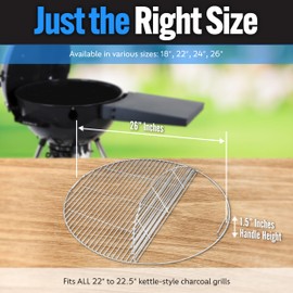 SnS Grills Slow ‘N Sear Easy Spin Charcoal Grill Cooking Grate, Stainless Steel Hinged Replacement - Tailgating, Camping & Backyard Cooking - 26” Inch