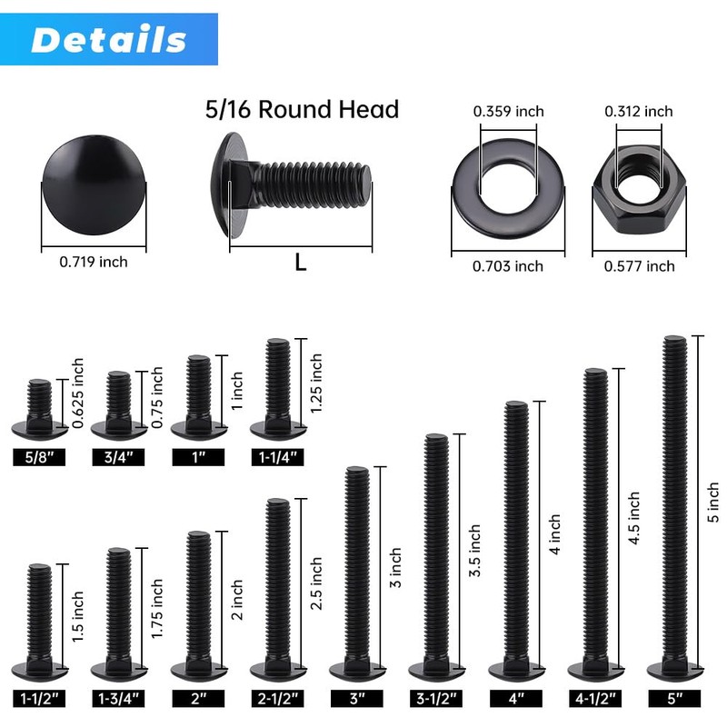 20 Sets 5/16-18 x 2" Black Carriage Bolts Screws and