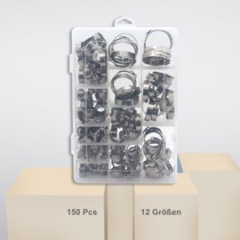 DIYoung 150 Pieces 6-33.1 mm 304 Stainless Steel Single Ear Hose Clamps Assortment Kit for Water Pipes, Plumbing and Automotive