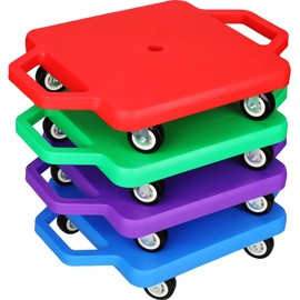Jerify 4 Pieces Sports Scooter Board with Handles Plastic Casters Floor Sitting Scooter Boards for Kids Children Gym Indoor Outdoor Activities Play Equipment, 11.22 x 11.22 inch(Multi Colors)