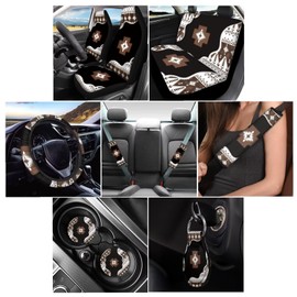Wanyint Southwest Aztec Brown Black Car Seat Covers for Men Women Auto Interior Accessories Full Set with Steering Wheel Covers Seat Belt Pad Cover Coaster Keyring 11 PCS Auto Seat Cushion Covers Set