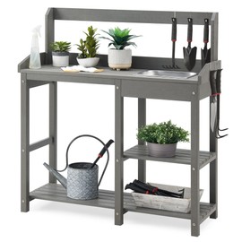 Psilvam Potting Bench, Poly Lumber Potting Table with Removable Stainless Steel Sink and Open Shelves, All-Weather Garden Work Station, Planting Table for Garden, Patio and Lawns (Grey)