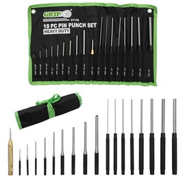 Grip 18 pc Heavy Duty Roll Pin Punch Gunsmithing Set - Roll Pin Punch, Long Pin Punch, Center Punch - Fast and Safe Removal of Pins - Roll Up Storage Pouch