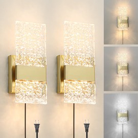 Plug in Wall Sconce Set of 2 - Small Gold Dimmable Bedroom Wall Light, Remote Control 6W LED 3000K-5000K Plug-in Wall Lamp with Timer, Acrylic Sconce Wall Lighting Bedside, Living Room, Bathroom