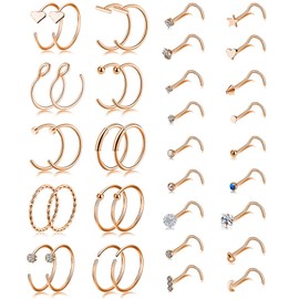 Aroncent Nose Piercing 20G Nose Stud 316L Stainless Steel Lip/Ear/Nose Ring Fake Piercing 38 Pieces, Stainless Steel Cubic Zirconia