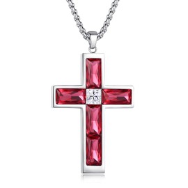 BAMIKI Ruby Cross Necklace for Men, Ruby Red Cubic Zirconia July Birthstone Pendant Necklace for Women, Hypoallergenic 316L Stainless Steel Faith Jewelry Gifts, Chain 24 Inch